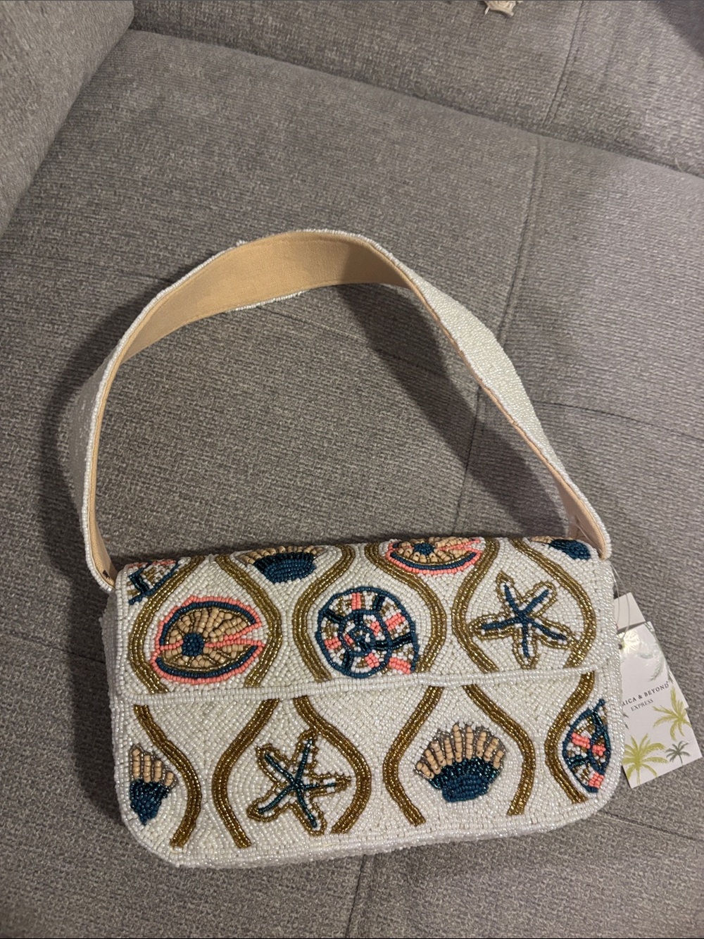 Beaded Coastal Motif Shoulder Bag in White and Gold
